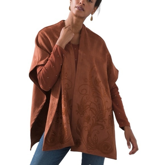 Chico’s Faux Suede Terracotta Embroidered Bohemian Ruana - Picture 1 of 8